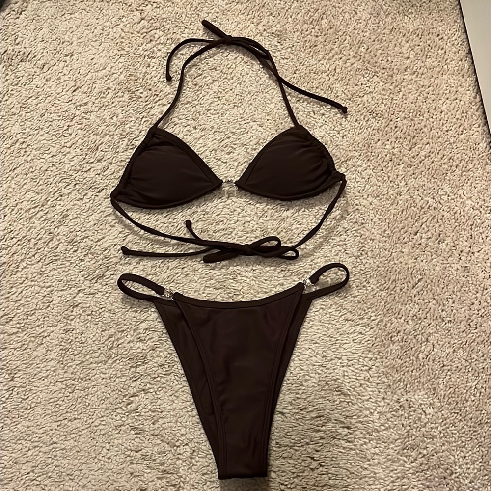 Classic Brown Triangl string bikini set with rhinestone details.
